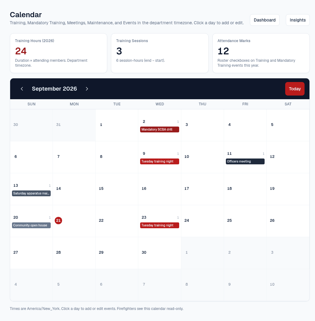 Department calendar for September 2026 with training hours, sessions, attendance, and events on the month grid